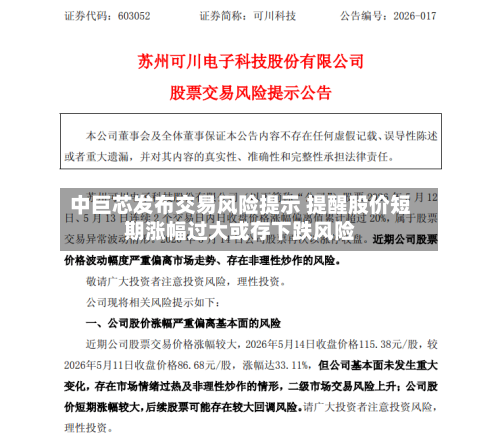 中巨芯发布交易风险提示 提醒股价短期涨幅过大或存下跌风险-第2张图片