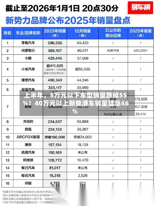 上半年	，5万元以下车型销量跌掉55%！40万元以上新能源车销量猛涨46%-第2张图片